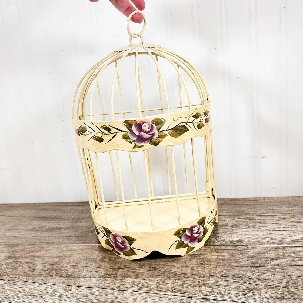 Vintage Hanging Birdcage with Purple Flowers, Cream Wall Decor